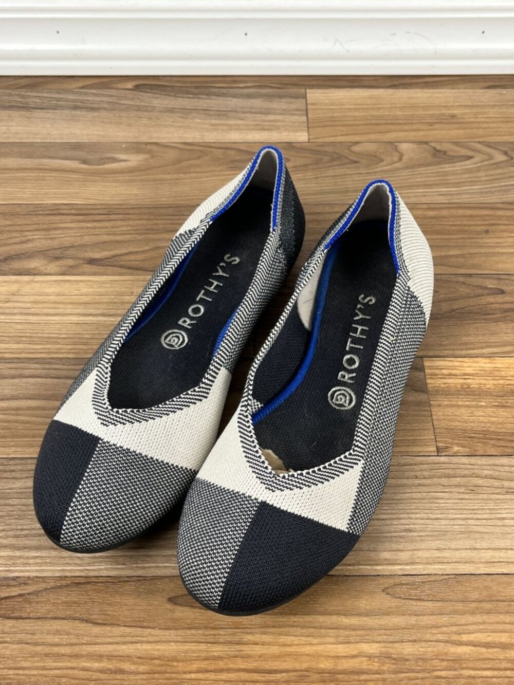 Rothy’s The Flat Captoe Plaid Ballet Flats Shoes Black & White Size 9.5 - Picture 2 of 9